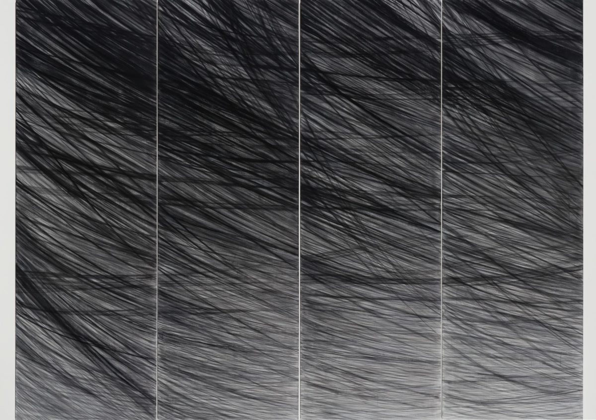 Four vertical panels with gestural black and gray acrylic brushstrokes creating a sense of dynamic motion and wind-like movement across the surface, transitioning from darker tones on the left to lighter grays on the right.