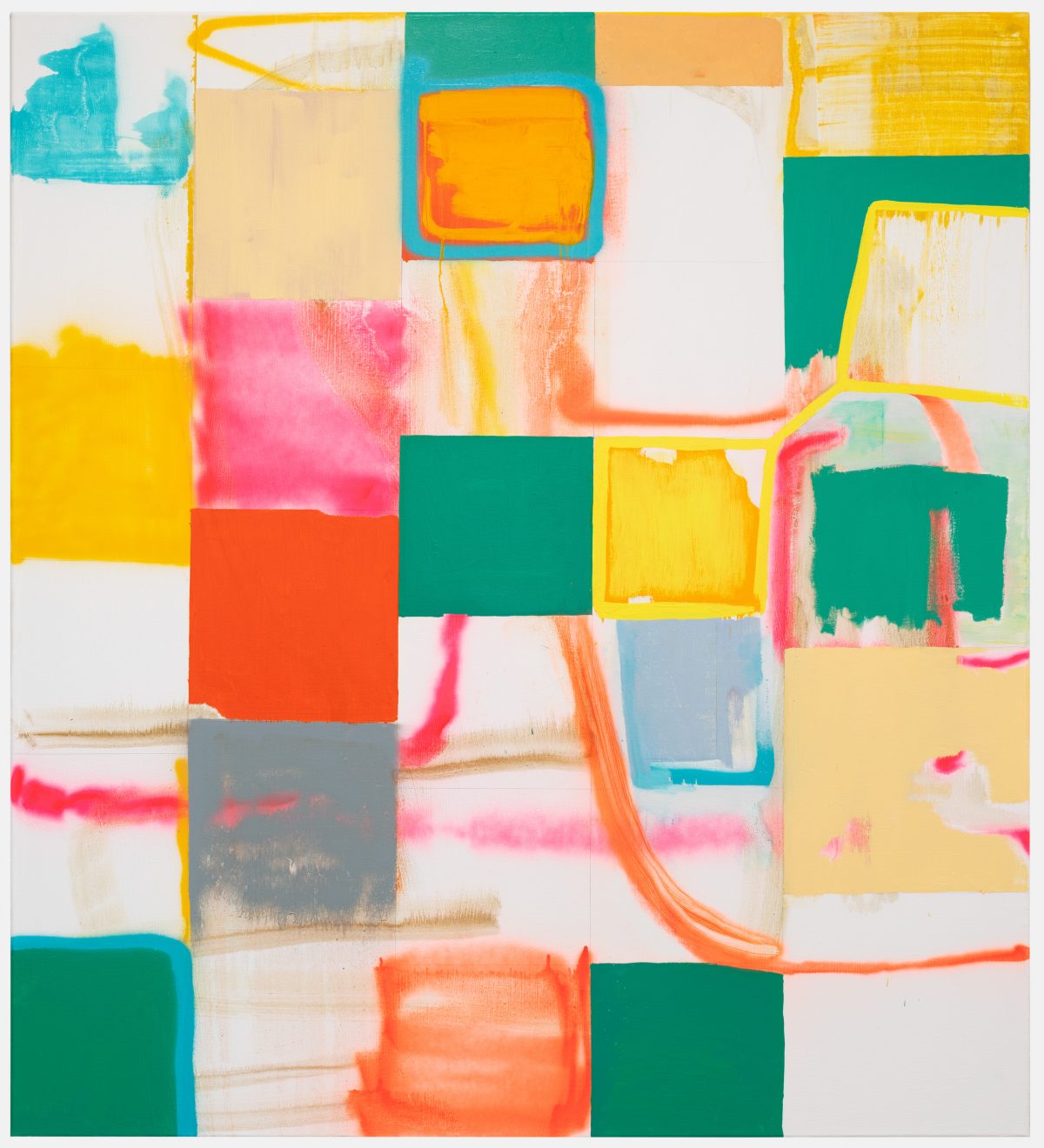 Abstract composition featuring overlapping rectangular forms in vibrant colors—teal, yellow, orange, pink, and gray—outlined in contrasting hues against a cream white background. Gestural brushstrokes and organic linear marks traverse the geometric shapes, creating a dynamic interplay between structured and expressive elements.