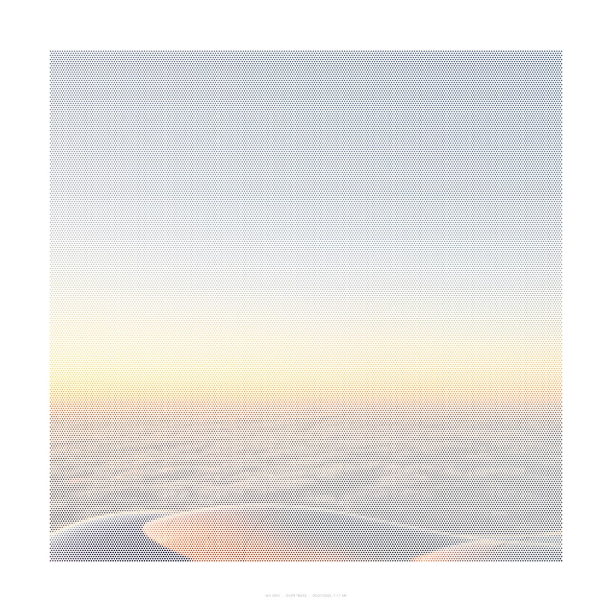 A large-scale abstract composition featuring a gradient dot pattern that transitions from cool blue-gray tones at the top through pale yellow in the center to warm peachy-orange and dusty rose hues toward the bottom, creating a subtle atmospheric effect across the square format.