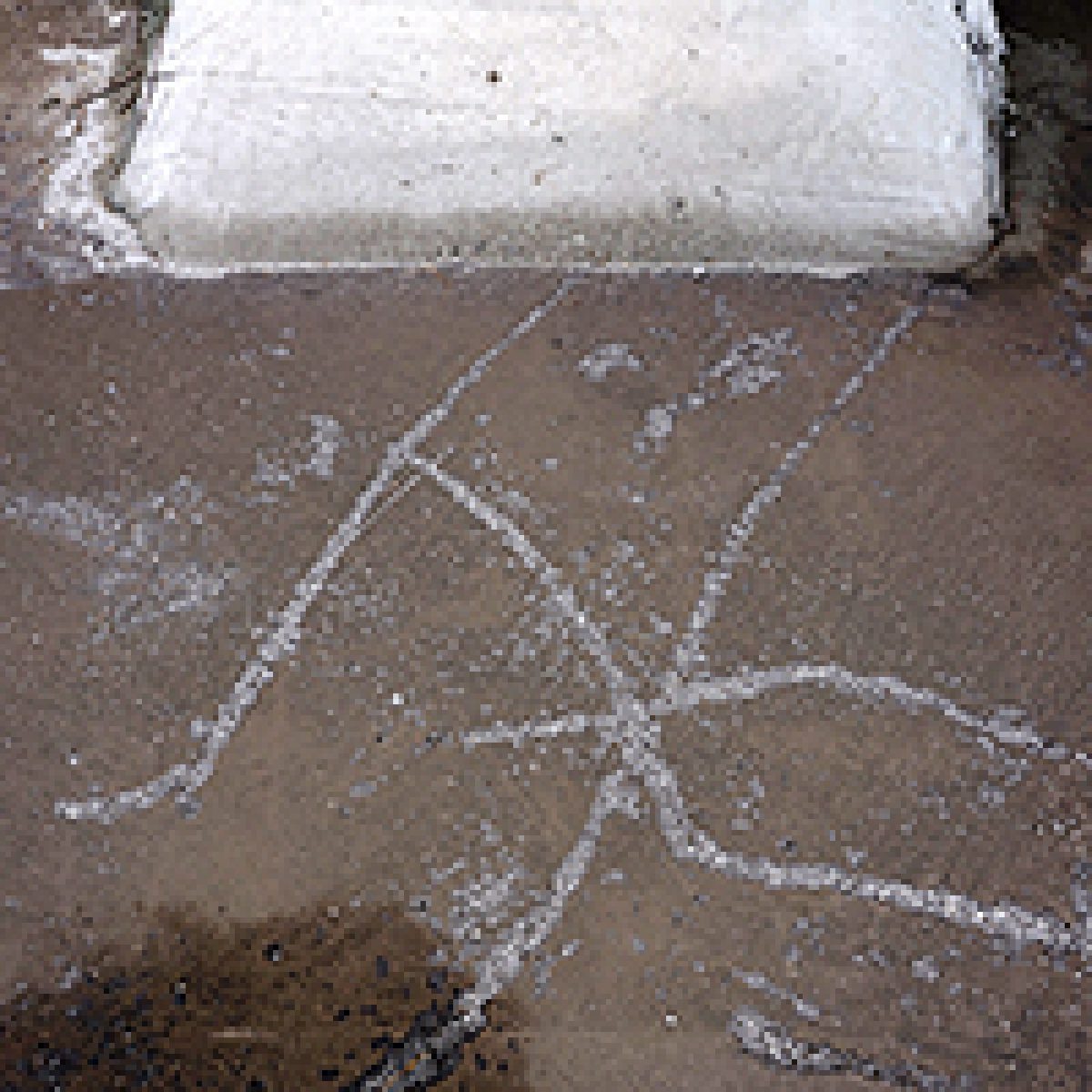 White chalk lines drawn on a wet concrete surface, creating abstract curved and intersecting marks. A white rectangular object, possibly a cushion or pad, is visible at the top edge of the frame.
