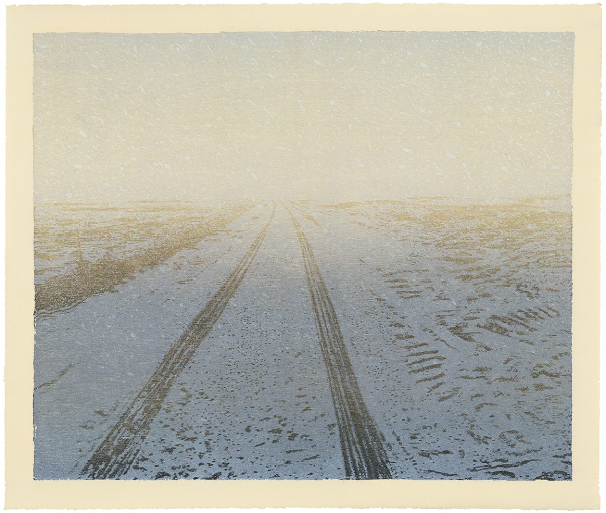 A straight road with double yellow lines stretches toward the horizon across a flat, snow-covered landscape under a pale, overcast sky. The composition uses muted tones of white, gray, and tan to create a stark, minimalist perspective emphasizing the road's vanishing point.