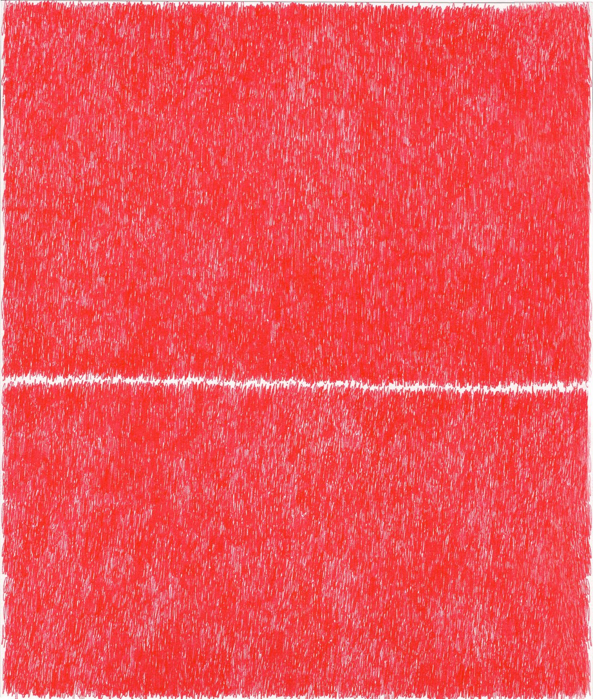 A vibrant red abstract composition divided horizontally by a thin white band, with densely layered vertical marks and gestural marks creating a dynamic, textured surface across both sections.