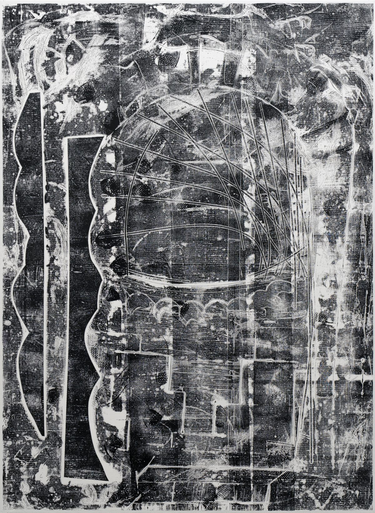 Abstract black and white composition featuring gestural curved lines and organic forms layered over a textured, heavily marked surface with areas of weathered white and dark tones creating depth and movement throughout.
