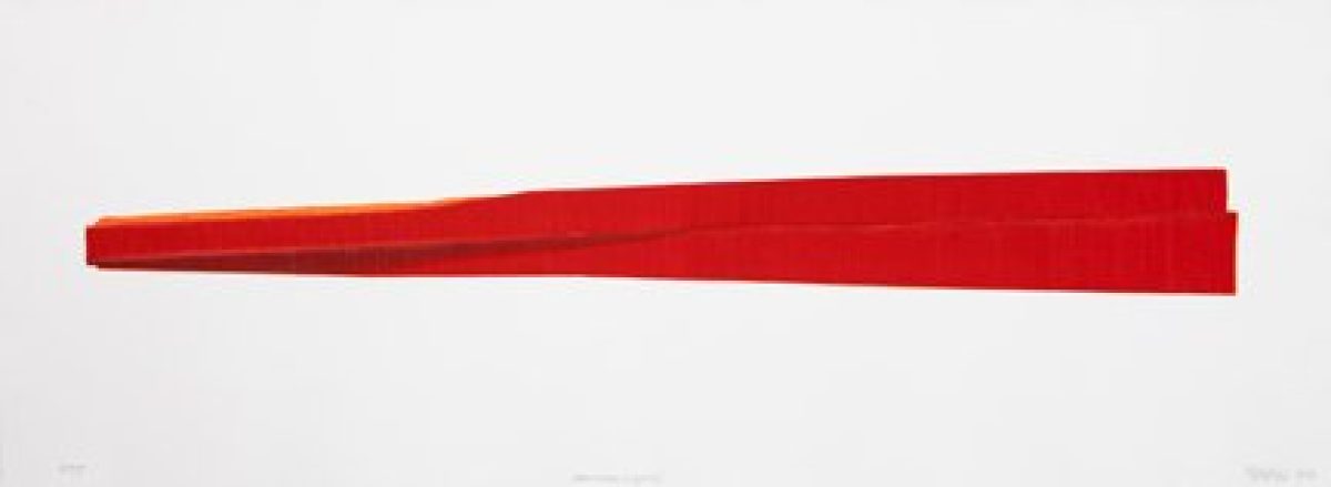 A bold red brushstroke or tapered form extends diagonally across a white background, appearing to taper toward the right side of the composition.