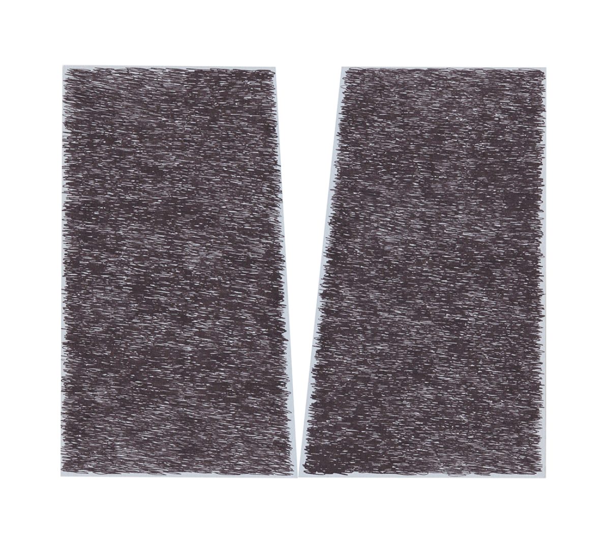 Two vertical rectangular panels with dense, gestural black linear marks covering their surfaces, creating a textured, scratched appearance. A thin light gap separates the panels down the center.