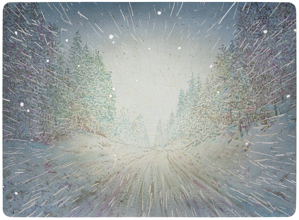 A snowy forest road stretches toward the horizon, flanked by snow-laden evergreen trees on both sides. Heavy snowfall and wind-driven snow create a sense of motion and obscure the distant landscape, rendered in muted blues, greens, and whites with visible brushwork and textural layering across the painted surface.