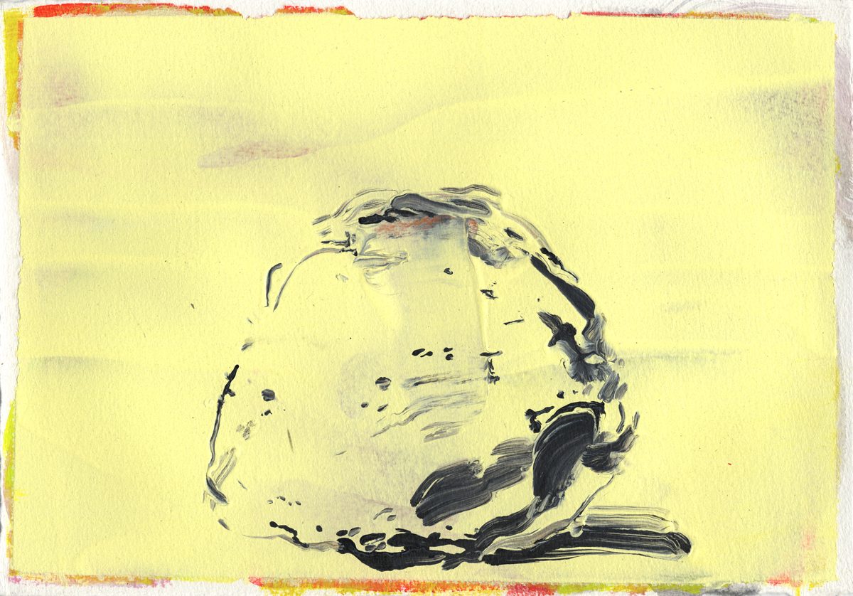 A minimalist abstraction rendered in loose, gestural brushstrokes on pale yellow paper. Dark ink marks define an organic, boulder-like form against the luminous yellow ground, with accents of red and green visible along the weathered edges of the paper.