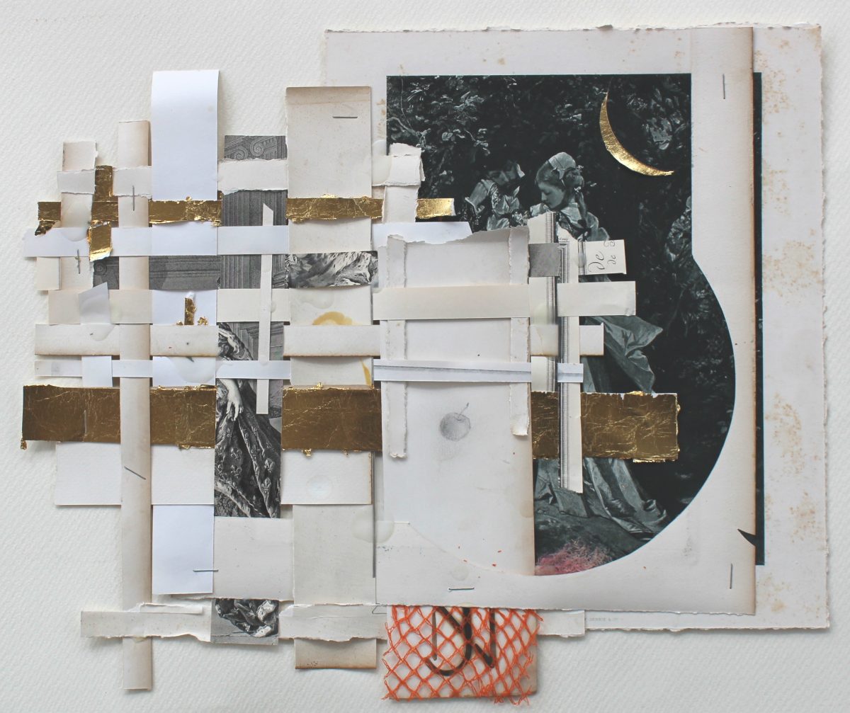 A layered mixed-media collage on paper features overlapping white and cream-colored rectangular fragments arranged across a central dark image depicting botanical and figurative elements. Gold leaf accents and strips of patterned fabric, including orange geometric print, interrupt the composition, while a crescent moon and foliage are visible within the obscured photograph beneath.