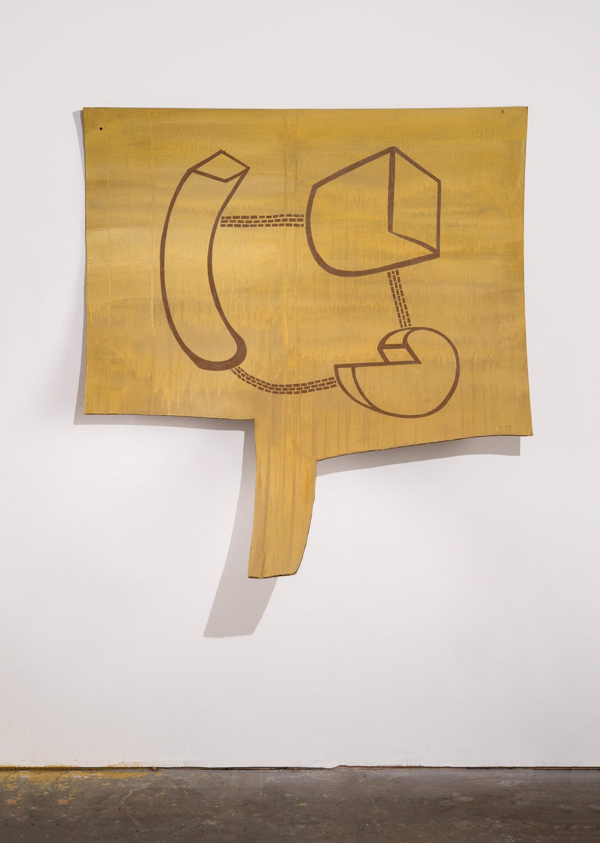 Irregular wooden panel in warm ochre tones with brown line drawings depicting abstract geometric forms connected by dotted lines, mounted on a white gallery wall.