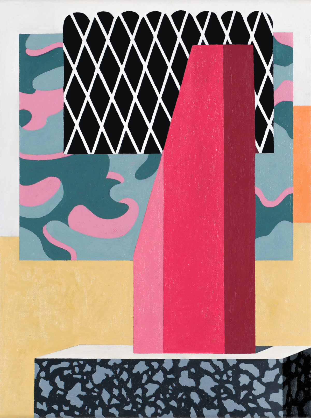 Abstract composition featuring a geometric arrangement of layered rectangular forms in shades of pink and red at center, set against a patterned background of teal, light blue, and pink organic shapes. Black diamond lattice pattern frames the upper portion, while a textured dark base grounds the lower section, with accents of yellow and orange on the sides.