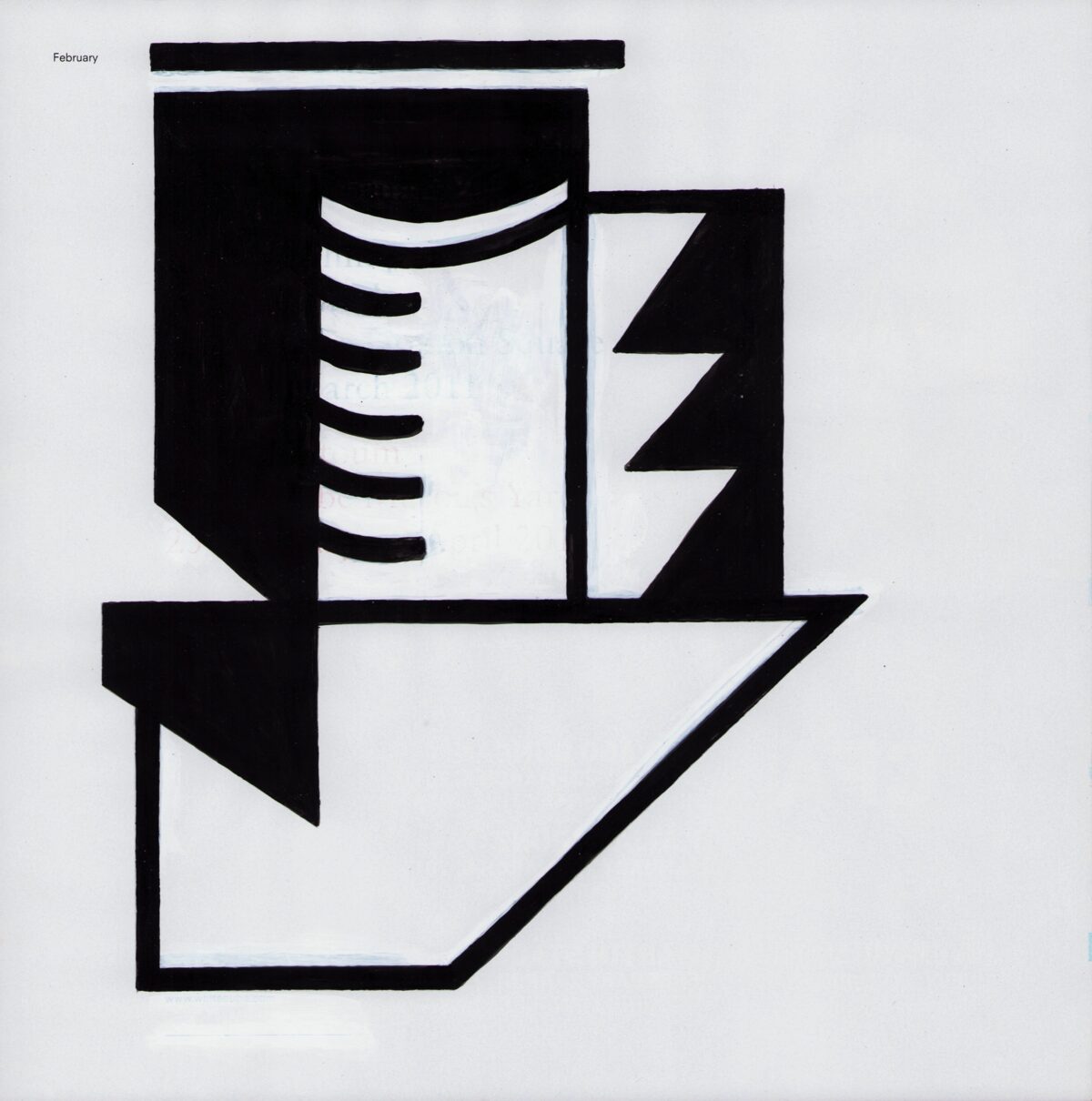 Bold geometric composition in black and white featuring a stylized open book with spiral binding at center, flanked by angular zigzag forms, all contained within layered rectangular and pentagonal shapes. Text reading "February" appears in the upper left corner.