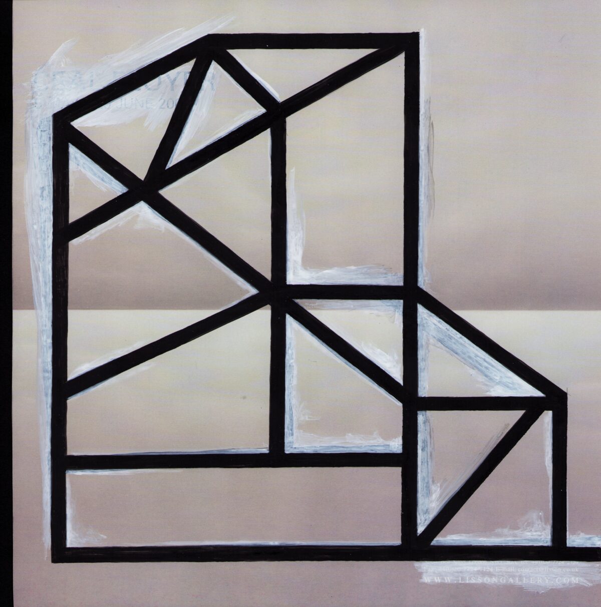 Abstract geometric composition featuring a bold black grid structure with diagonal lines dividing rectangular sections, painted over a muted beige and gray background with visible white brushstrokes creating a layered, textured effect.