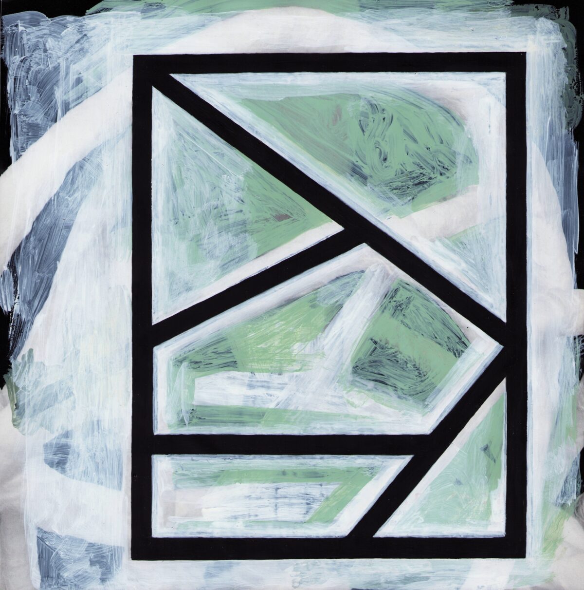 Abstract composition featuring geometric shapes divided by bold black lines against a white background. Green and blue brushstrokes create textured, gestural marks within angular sections, layered over what appears to be printed magazine pages visible beneath the acrylic paint.