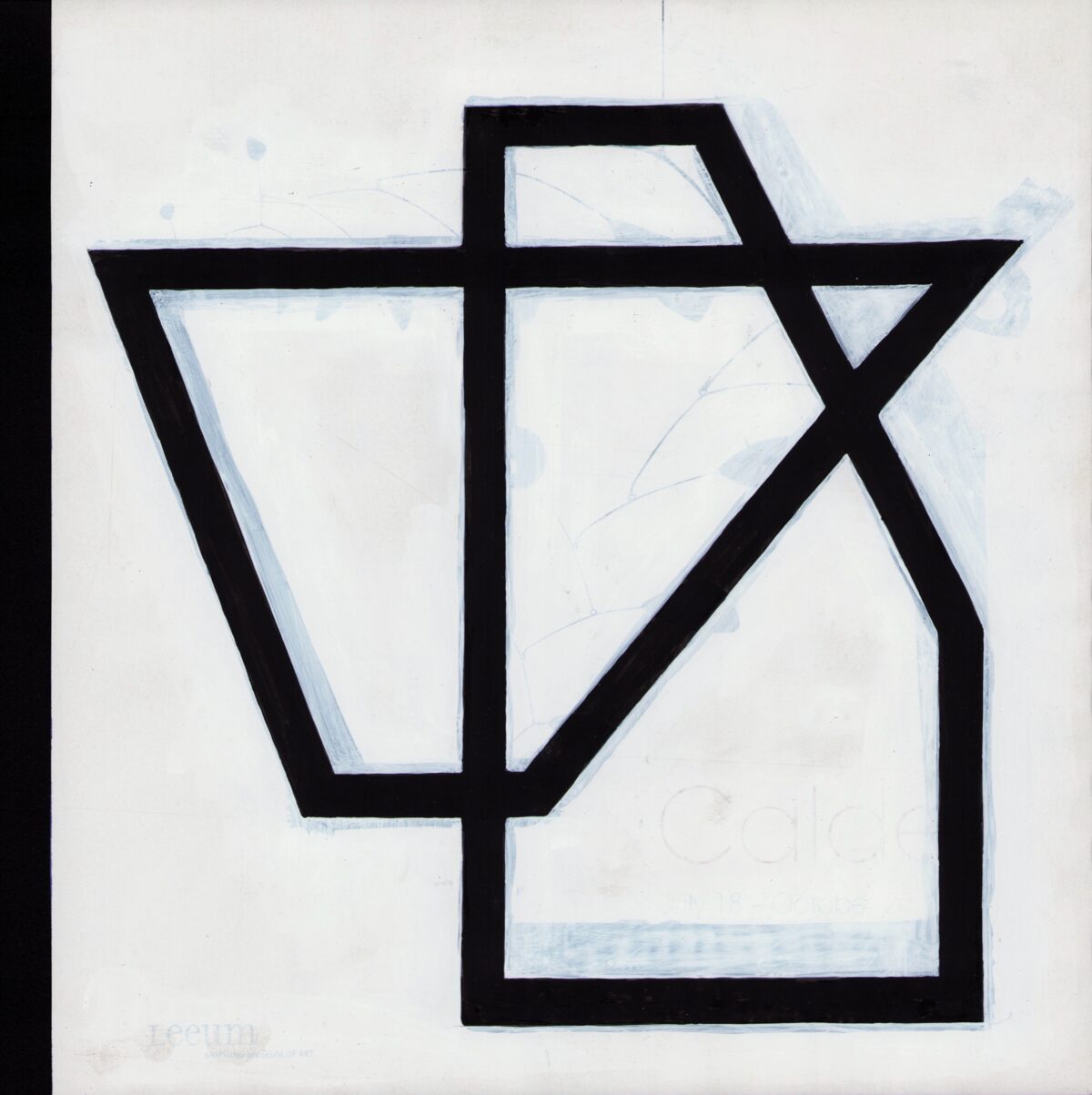 Bold black geometric lines form an abstract vessel or container shape against a light background composed of printed magazine pages. The composition features angular, intersecting planes creating a three-dimensional effect, with white and pale blue tones visible within and around the outlined form.