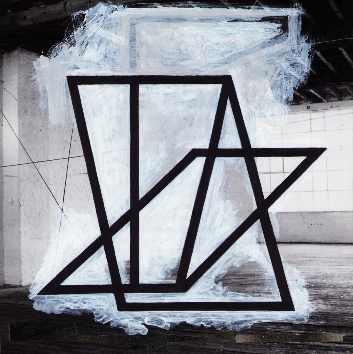 Abstract geometric composition featuring bold black lines forming angular, overlapping rectangular and triangular shapes against a white and light blue painted background. The white paint is applied with visible, gestural brushstrokes that create an energetic, layered effect across the surface.