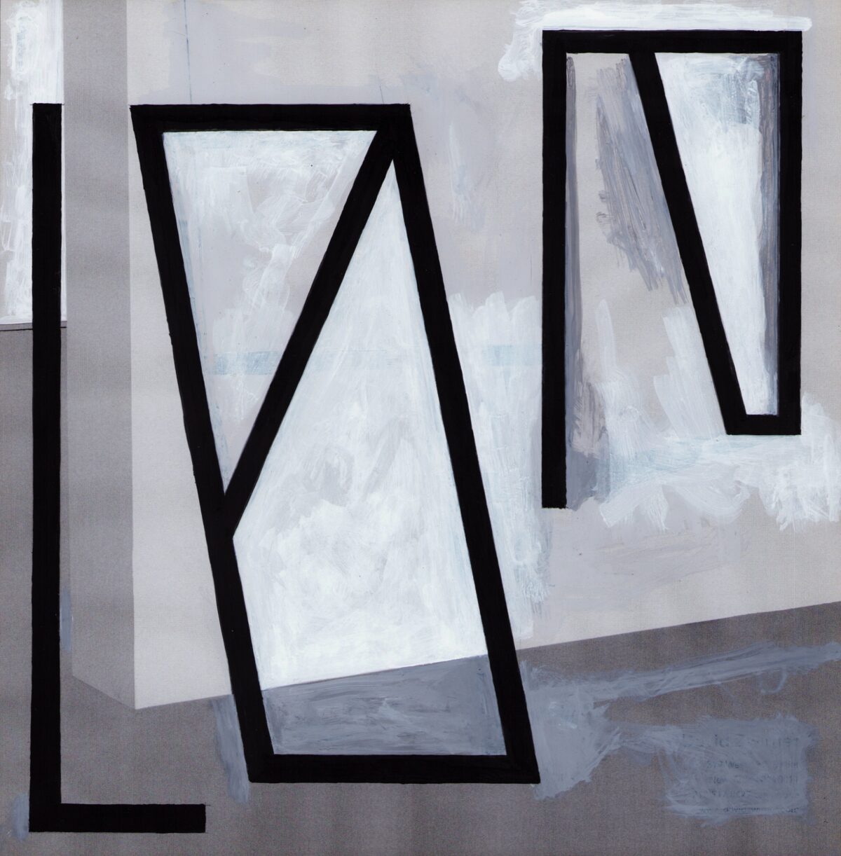 Abstract acrylic painting featuring bold black geometric frames and lines arranged in a receding spatial composition against layered white and gray brushstrokes, creating an illusion of depth and architectural planes.