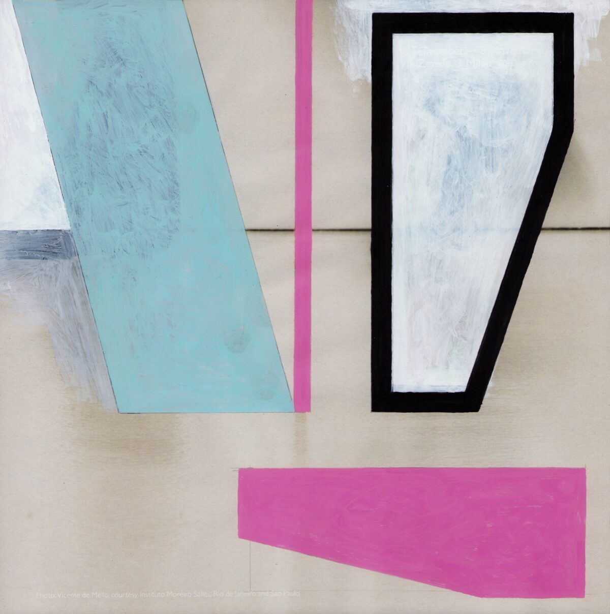 Abstract composition featuring geometric shapes in turquoise, pink, black, and white arranged on a cream-colored textured ground. Overlapping angular forms and trapezoid shapes with visible brushwork and layered materials create a dynamic interplay of color and form.