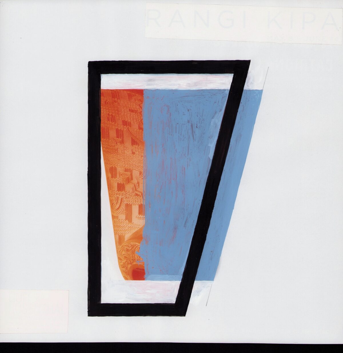 A trapezoid composition with a bold black frame containing an orange patterned rectangle on the left and a blue textured rectangle on the right, separated by a white band, set against a light background with subtle blue and white overlapping elements extending beyond the frame.