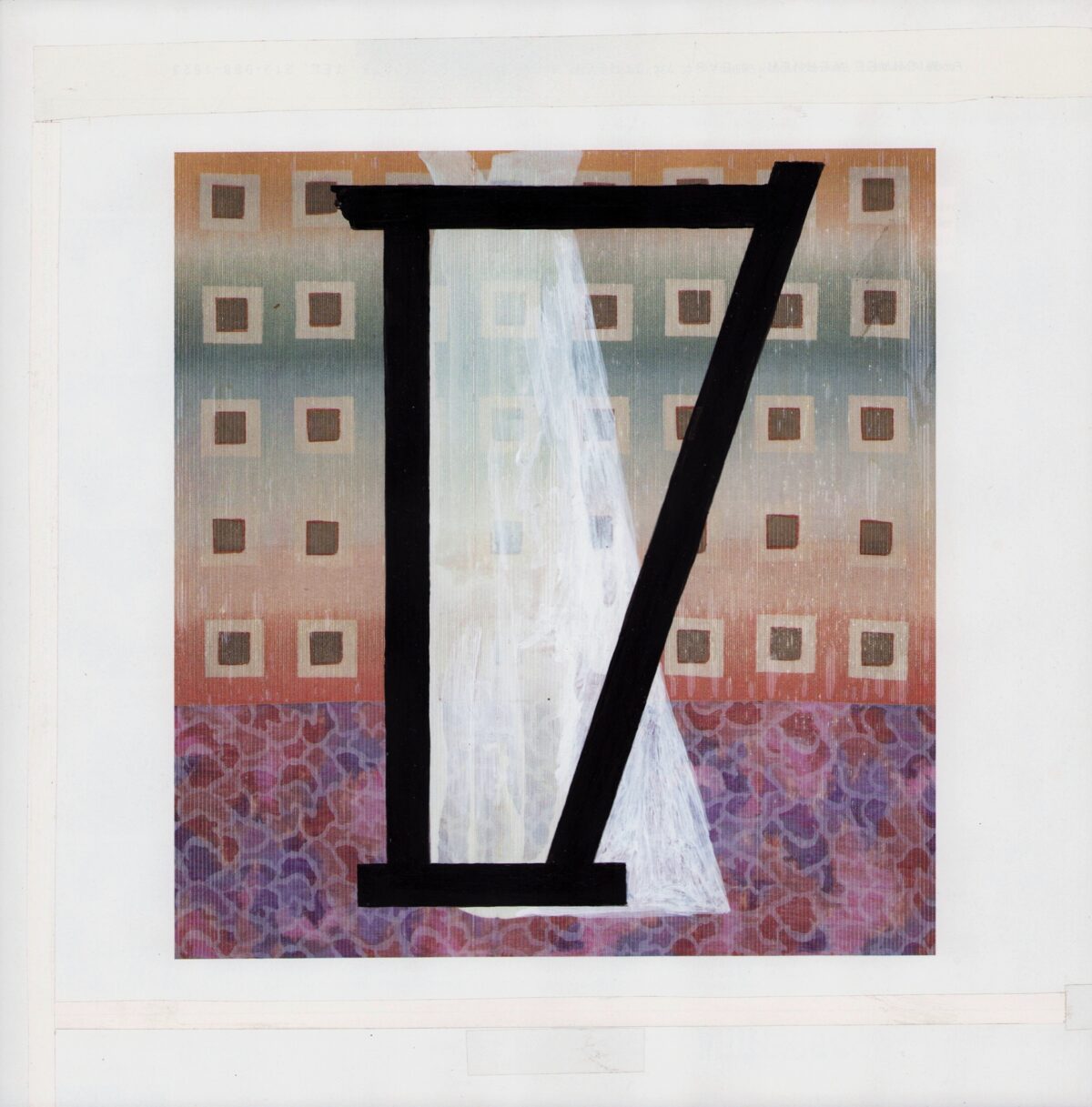 A large black letter "V" overlays a collaged composition featuring a photograph of a modernist apartment building with a grid of small square windows, positioned against a decorative patterned background in shades of pink, purple, and rust. The building image transitions from warm orange and beige tones at the top to cooler mauve and burgundy hues at the bottom.