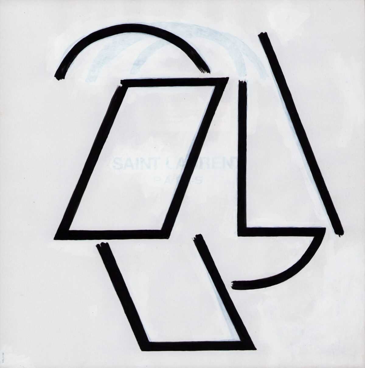 Abstract geometric composition in black ink on white paper featuring overlapping parallelograms and curved lines arranged vertically, with a light blue circular wash visible in the upper portion.