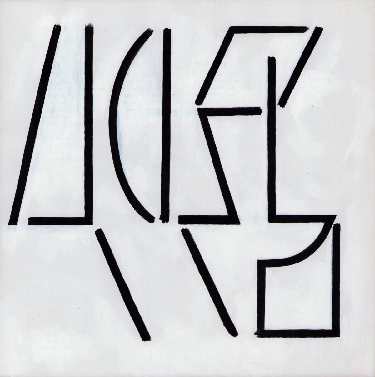 Black geometric lines and shapes drawn on white paper, forming an abstract composition with angular segments, curved elements, and rectangular forms arranged in a grid-like structure.