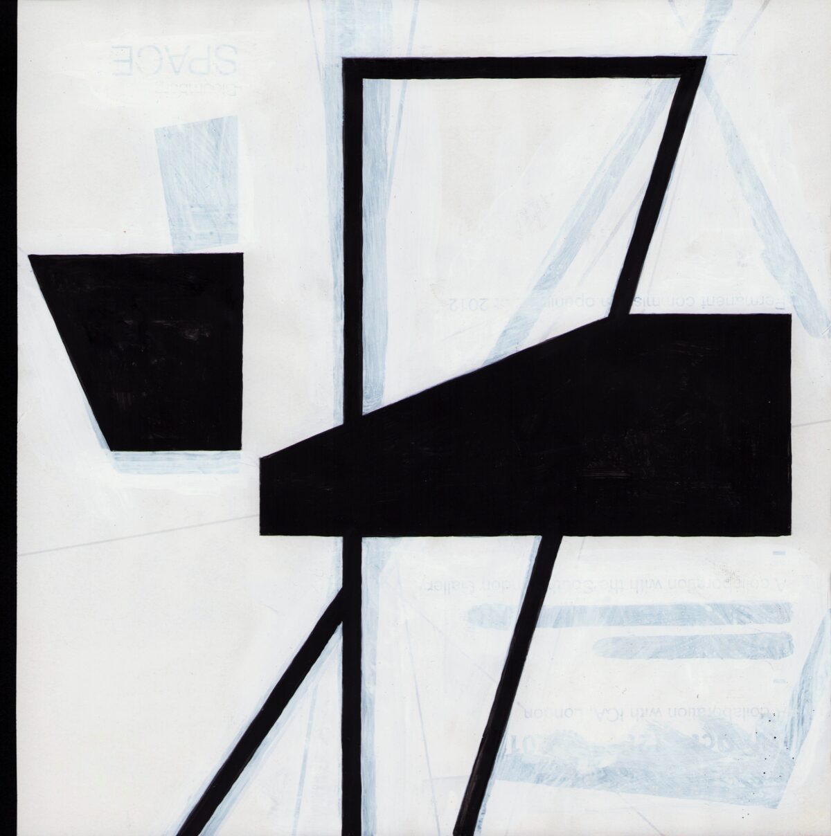 Abstract composition with bold black geometric shapes—a trapezoid, horizontal rectangle, and angular lines—layered over a cream-colored surface marked with faint blue pencil sketches and printed text fragments. Stark graphic forms create dynamic negative space against the textured, collaged paper ground.