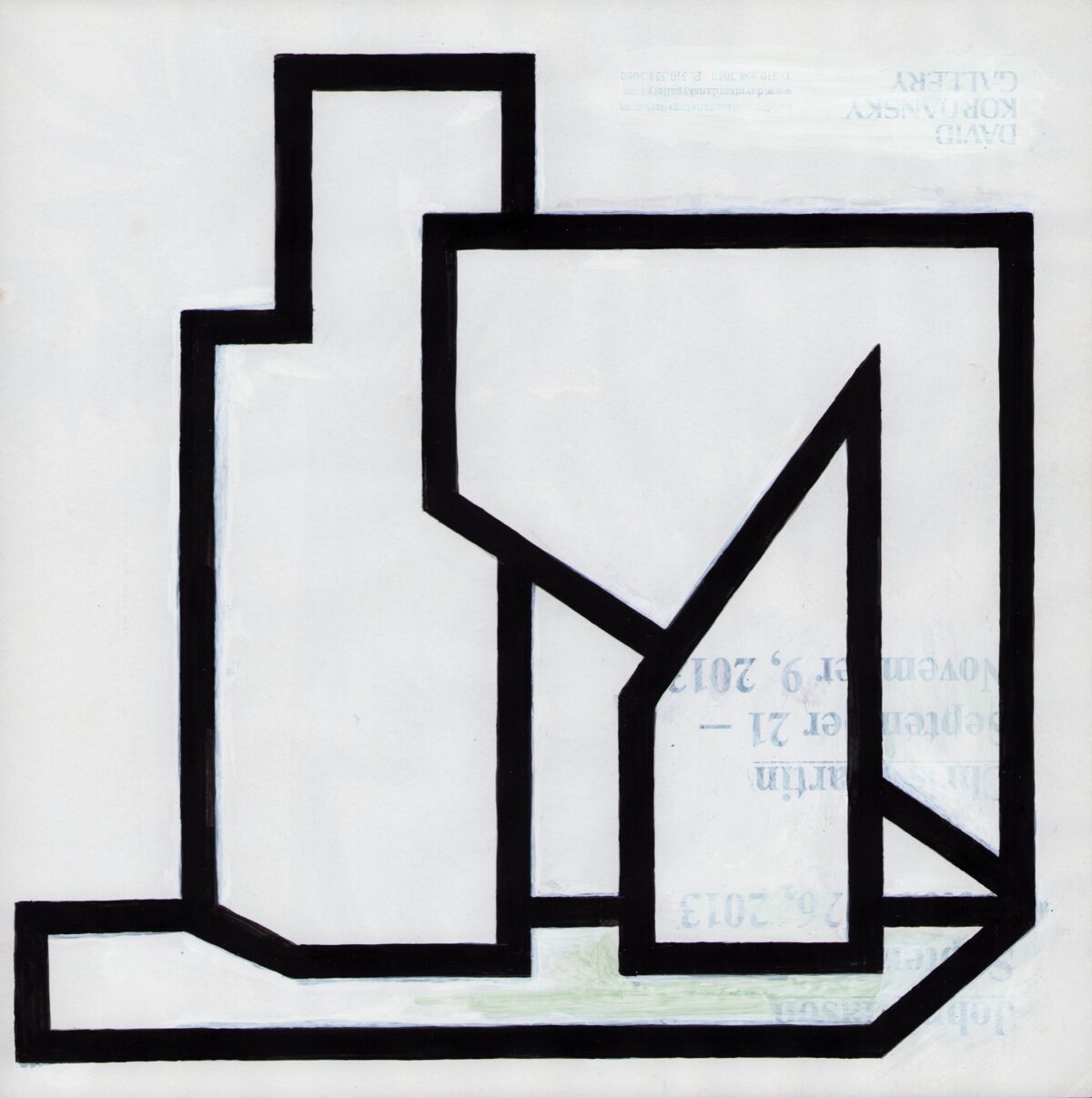 Black line drawing of an isometric architectural floor plan or three-dimensional room structure overlaid on printed magazine pages with visible text and blue stamp marks. The geometric composition features angular walls and a diagonal checkmark or verification symbol drawn across the interior space.