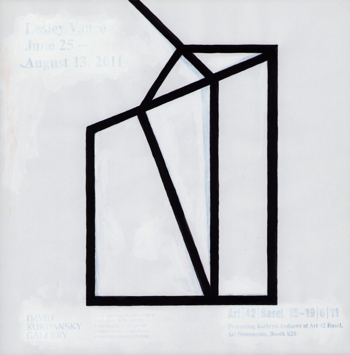 Black geometric lines form an abstract composition on a white background, creating interlocking rectangular shapes and diagonal divisions. The stark linear design contrasts sharply against faded text visible beneath, suggesting the work is layered on printed material.