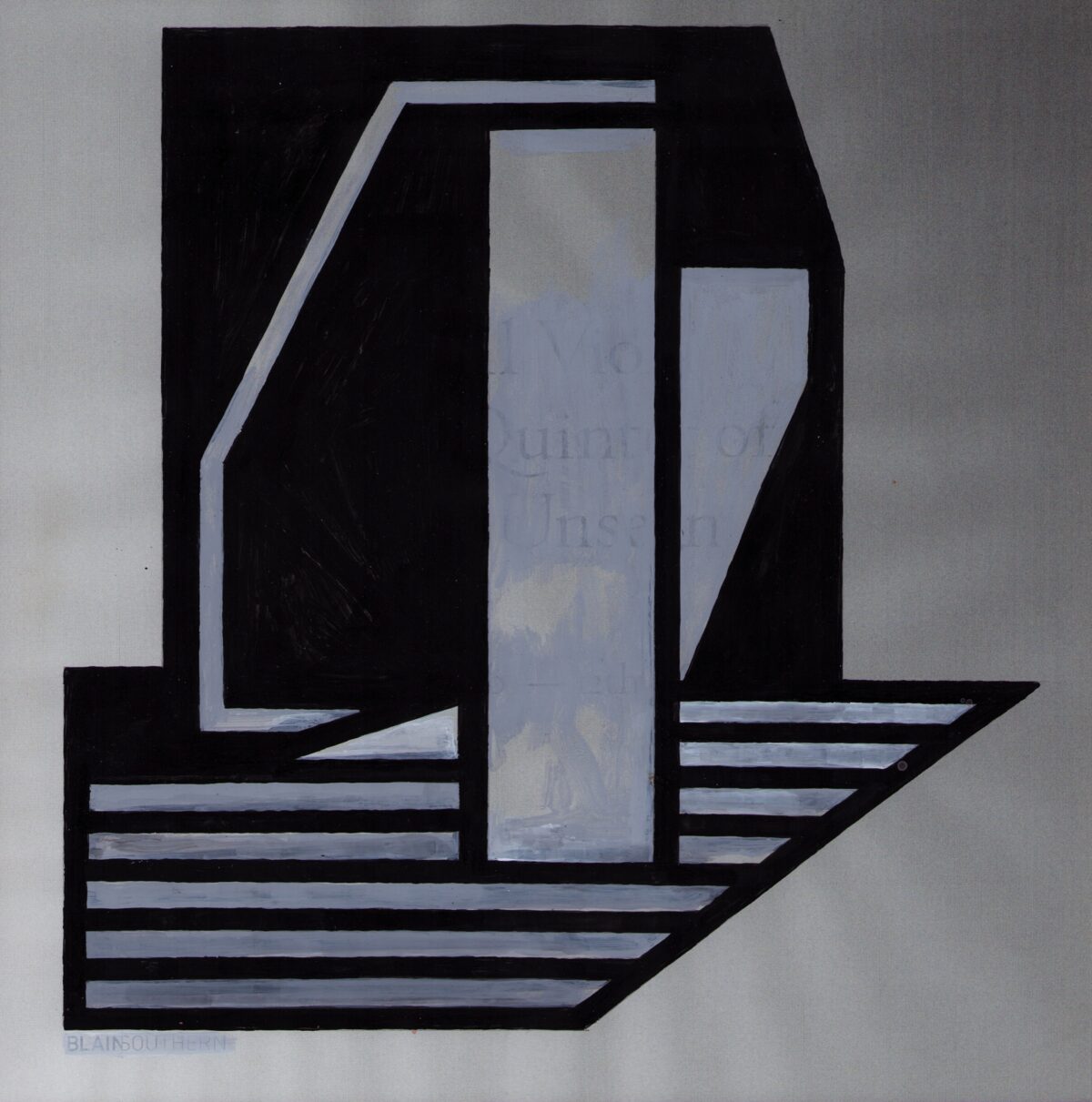 Geometric abstract composition featuring stark black angular forms framing pale blue and white rectangular shapes arranged in a layered, isometric perspective. The work creates an illusion of depth through contrasting dark and light tones applied to repurposed printed paper.