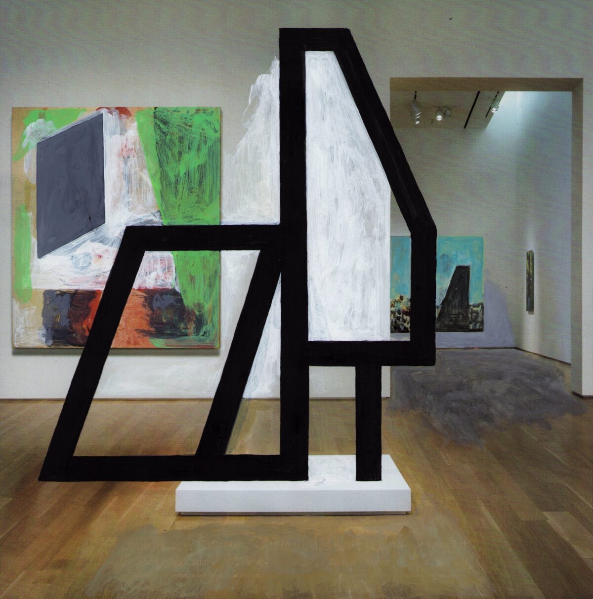 A bold black geometric sculpture with angular, interlocking forms stands in the center of a gallery space, its white interior surfaces contrasting sharply with its black exterior. Behind it, colorful abstract paintings in greens, oranges, and blues hang on the white walls, while additional artwork is visible through an open doorway to the right.