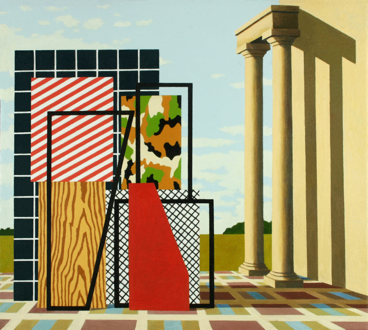 A geometric composition layering various architectural and decorative elements: a dark gridded wall, red and white striped fabric, wooden planks, a patterned textile with earth tones and green, a red triangular form, and chain-link fencing converge in the foreground. Classical columns with Corinthian capitals and a pale yellow wall recede into the background beneath a blue sky, while a colorful diamond-patterned floor anchors the scene.