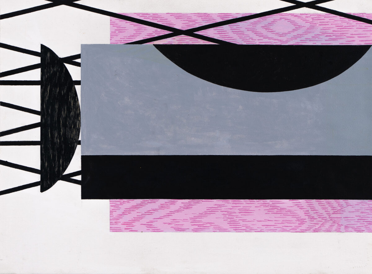 Abstract composition featuring bold geometric shapes in black, gray, and pink. Textured pink horizontal bands frame a central gray rectangle interrupted by a black curved form, while linear black elements and a circular textured shape appear on the left side against a white background.