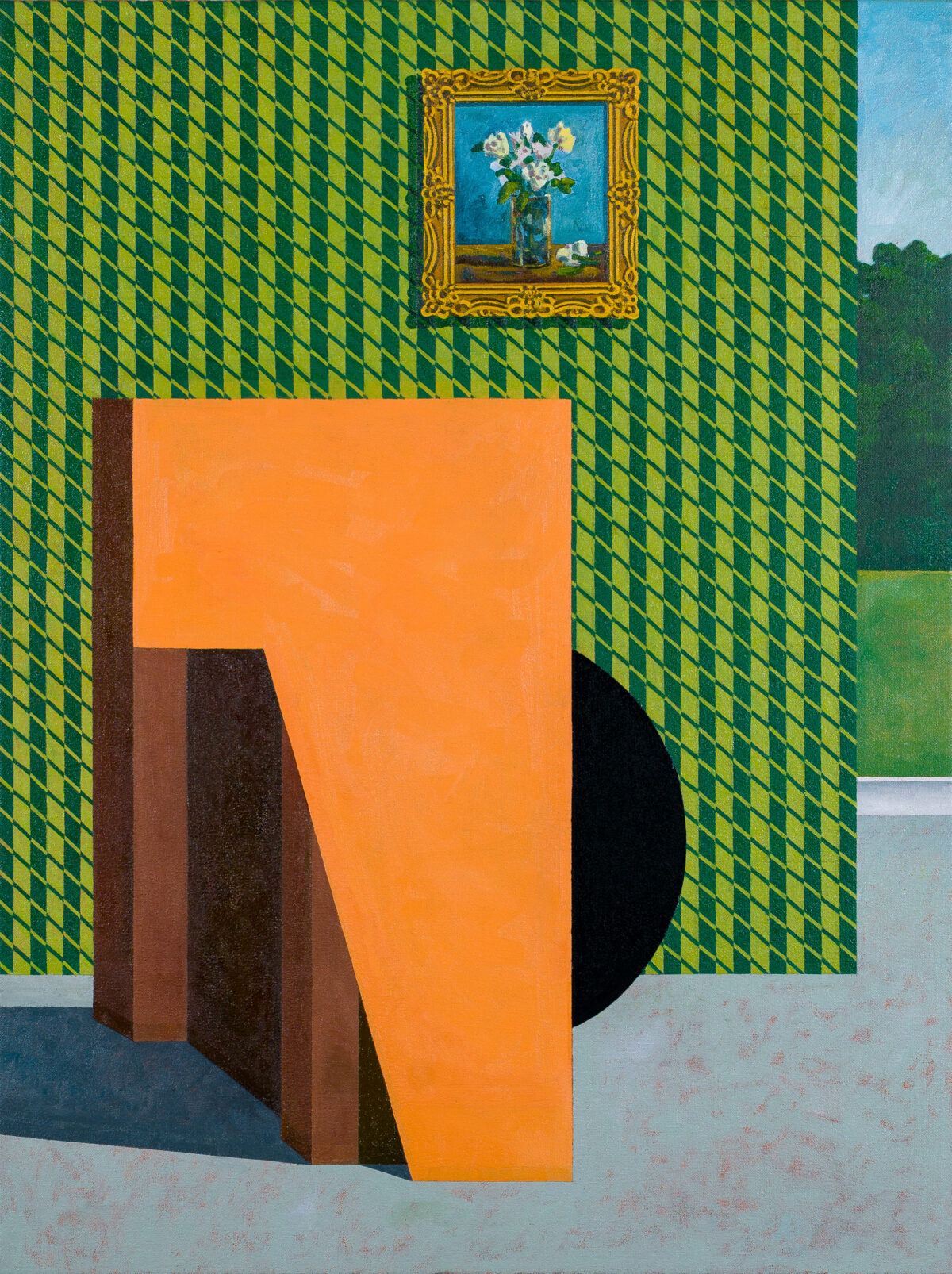 A stylized interior scene features a green geometric patterned wall with a gold-framed still life painting of flowers centered above. In the foreground, an orange angular sculptural form with brown and black sections creates a bold three-dimensional presence against the patterned backdrop. A verdant landscape visible through an opening on the right suggests an outdoor space beyond.
