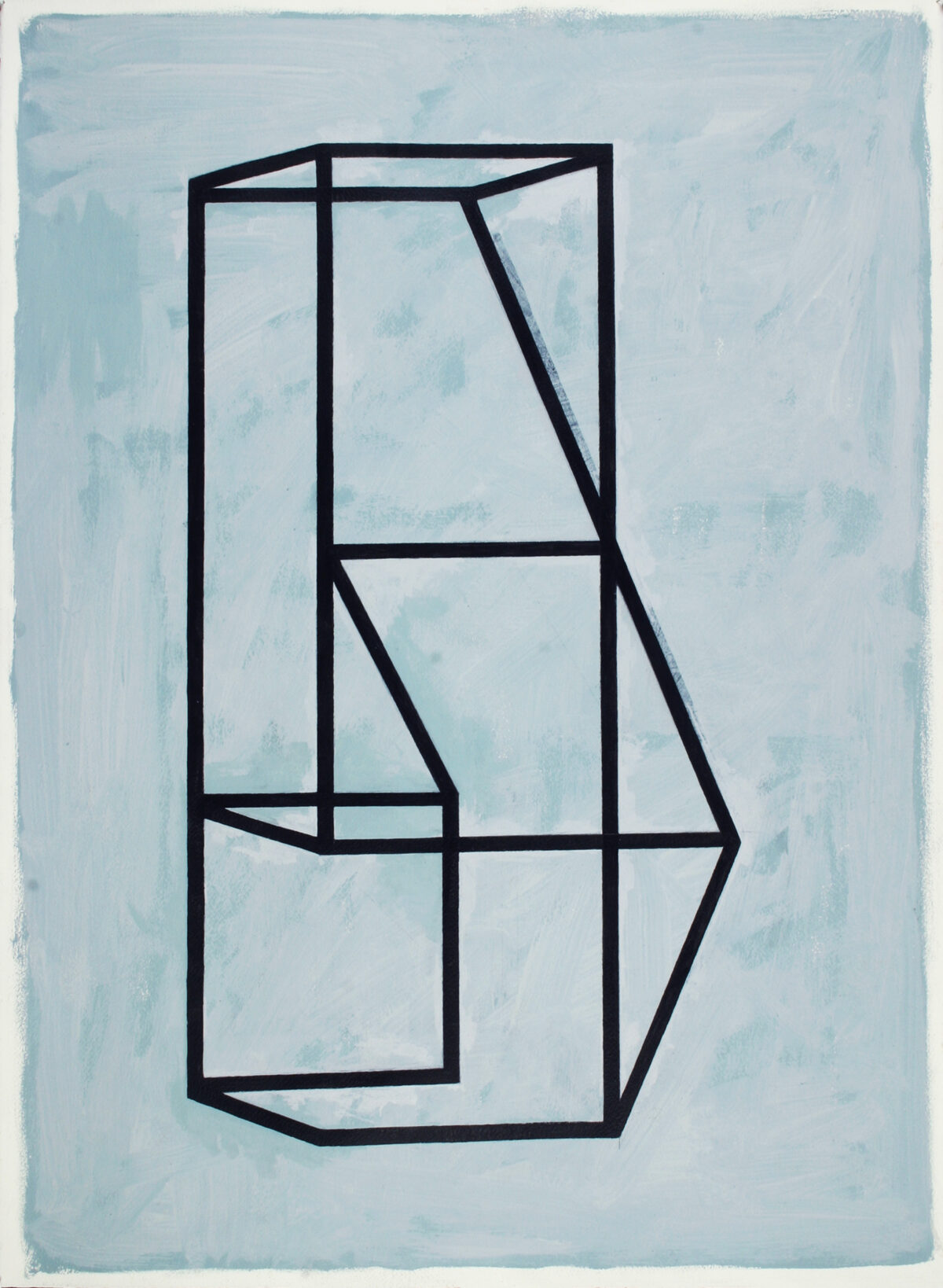 Abstract geometric composition featuring a black linear framework arranged in three-dimensional perspective against a soft blue-grey background. The interconnected lines form rectangular and triangular segments that suggest depth and spatial complexity through overlapping planes and diagonal elements.
