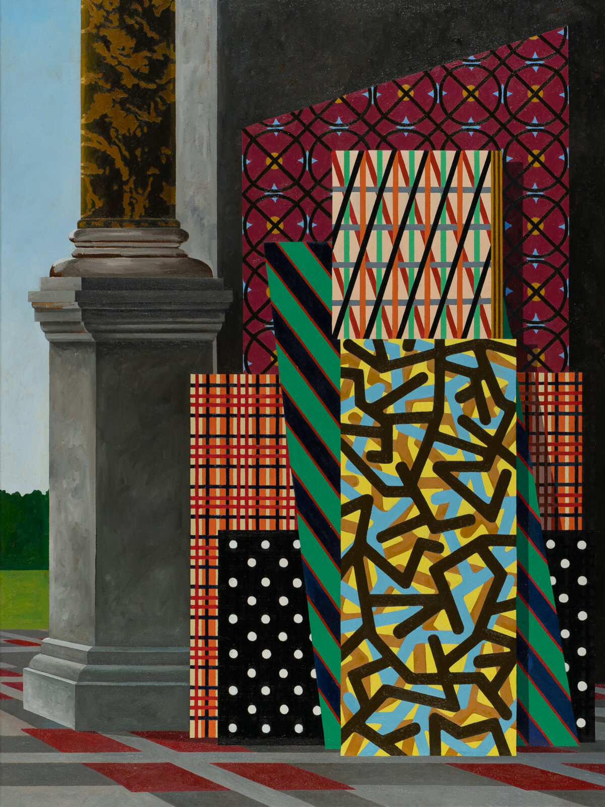 A geometric abstract composition featuring a classical stone column on the left contrasted with a vibrant patterned panel on the right. The panel combines bold decorative patterns in jewel tones—deep red, emerald green, and gold—with angular black lines, checkered sections, and white polka dots, creating a dynamic interplay between ornamental tradition and contemporary abstraction.
