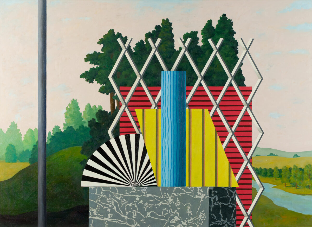 A surreal composition layering geometric and natural forms against a pastoral landscape. A stylized architectural structure featuring red horizontal stripes, yellow vertical panels, and a blue column is fronted by a white diamond lattice fence and overlaid with black and white radiating lines, all set before dense green trees and a distant river valley.