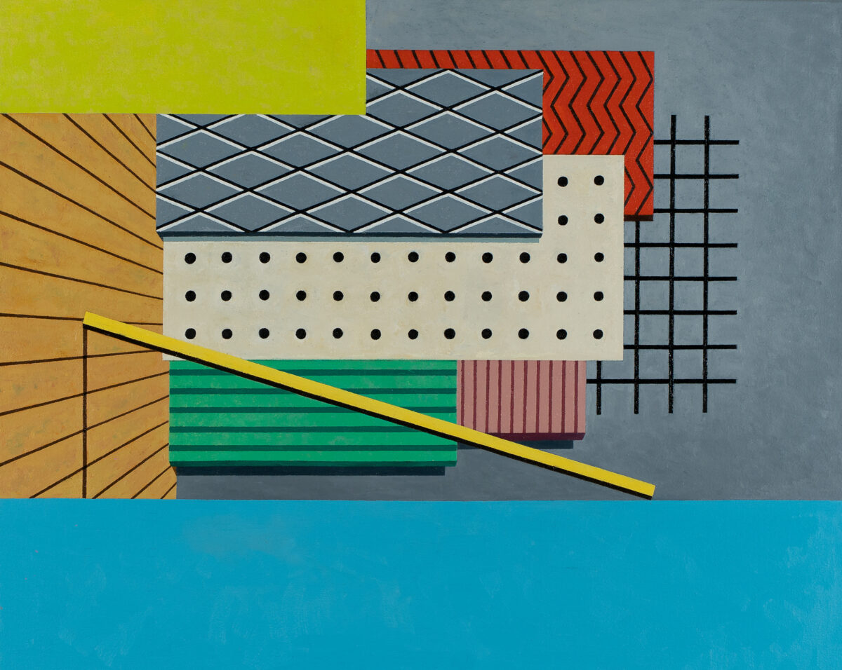 Geometric abstract composition featuring a cream-colored rectangular form with a regular grid of black dots, overlaid with layered sections of patterned and solid colors including olive diagonal lines, teal diamond lattice, red chevrons, green horizontal stripes, mauve vertical stripes, and a black grid pattern. A bold yellow diagonal line bisects the composition against a cool gray-blue background, with a turquoise band across the bottom.