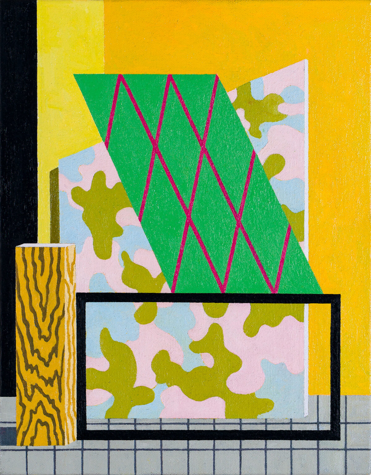 A geometric abstract composition featuring a large green diamond shape with magenta grid lines overlaid, positioned above a rectangular form with a camouflage-like pattern in olive, pink, and blue. A striped yellow cylinder and gridded base sit to the left, set against a bright yellow background with black and cream vertical elements framing the composition.