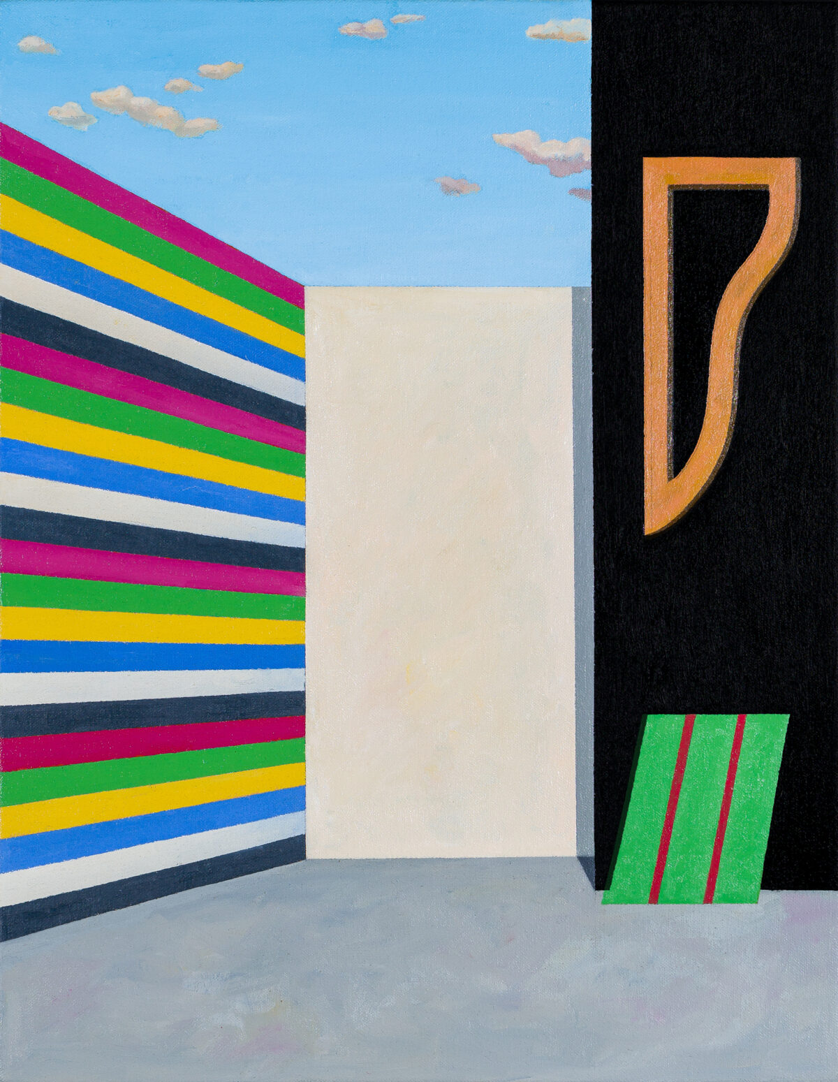 A geometric composition featuring a stark interior space with three distinct sections: a left wall striped with bold horizontal bands in magenta, green, yellow, blue, white, and dark navy; a central beige rectangular panel; and a right wall in black with an orange curved bracket-like form and a green rectangle with magenta lines at its base. The upper portion shows a blue sky with white clouds.