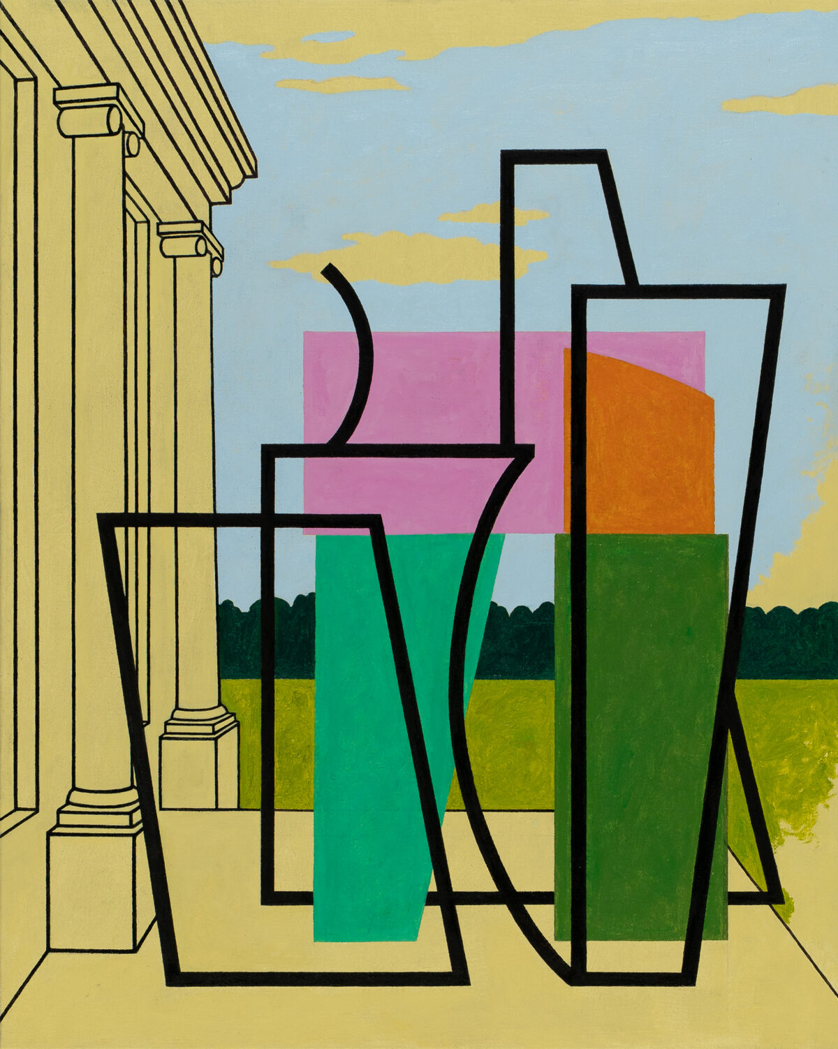 Abstract composition featuring bold black outlined geometric forms in the foreground, layered with vibrant colored rectangles in pink, green, orange, and teal. To the left, a classical yellow column with detailed line work frames the scene, while a stylized landscape with blue sky, yellow-green fields, and dark tree line recedes in the background.