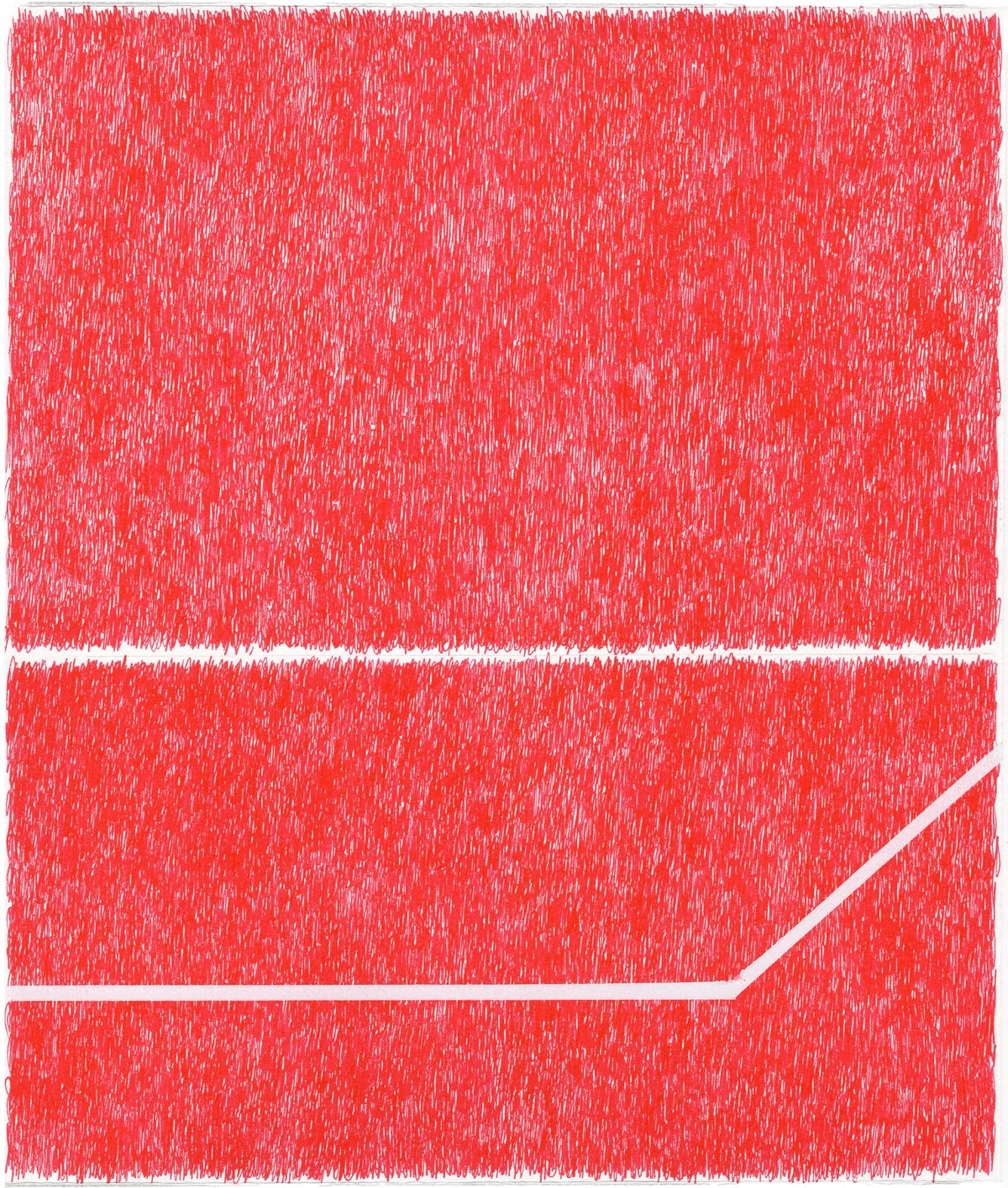 A vibrant red textured composition divided into three horizontal sections by white bands, with dense vertical striations creating a dynamic, energetic surface throughout. A diagonal white line cuts through the lower portion, suggesting movement across the layered fields of color.