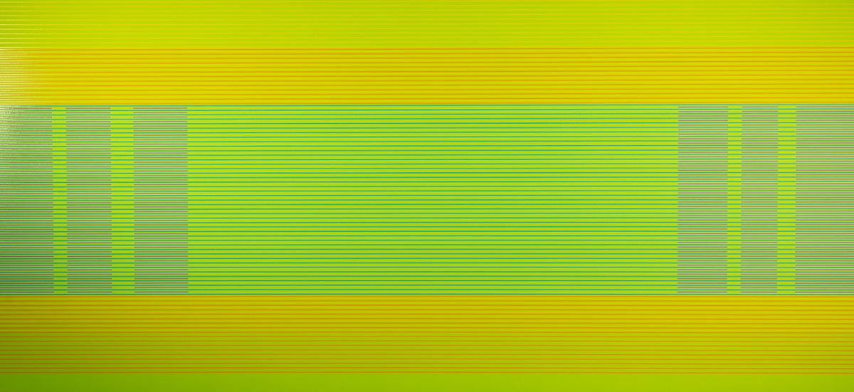 Horizontal bands of vibrant lime green and cyan create a rhythmic striped pattern across the composition, with rectangular blocks of color interrupting the flow on the left and right sides. The systematic, almost digital quality of the linear forms contrasts with the warm, organic yellow-green tones that dominate the upper and lower edges.