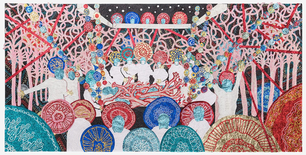 An intricate mixed-media composition featuring delicate cut-paper trees and foliage in pink and cream tones framing a central scene of white birds among ornamental circular medallions. Vibrant colors—turquoise, red, blue, and gold—dominate the lower portion with decorative mandala-like forms embellished with glitter, creating a layered, dreamlike landscape that blends natural and ornamental imagery.