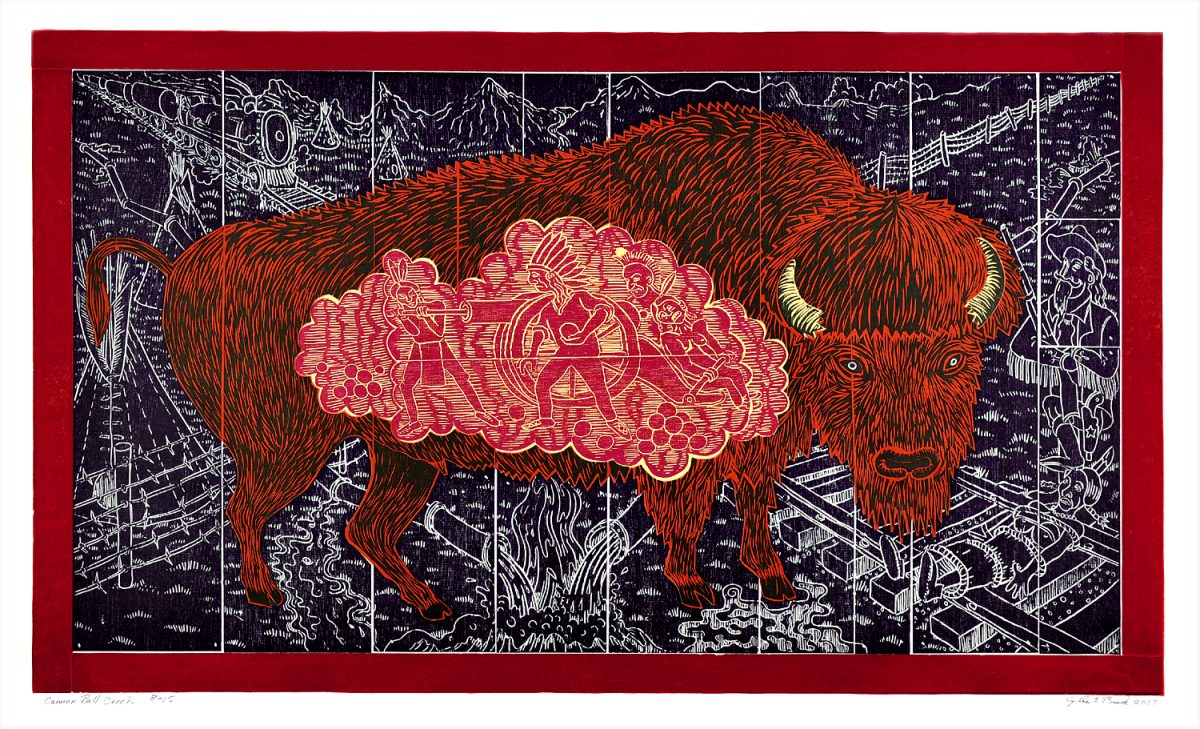 A striking woodcut print featuring a large red buffalo centered against an intricate black and white background. The buffalo's body frames a vibrant pink and gold cloud-like form filled with detailed figures and imagery. The composition is bordered by smaller black and white scenes with architectural and narrative elements, all set within a deep red frame.