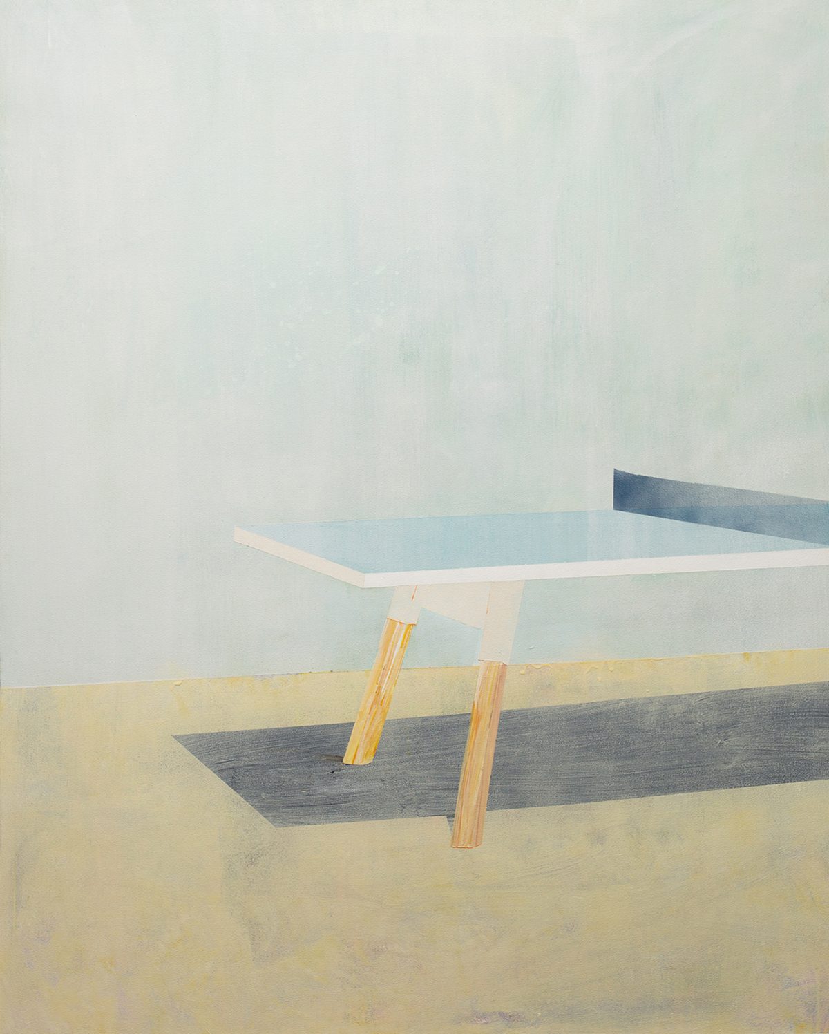 A minimalist painting depicting a ping-pong table rendered in soft, muted tones of pale blue, cream, and gray. The table is shown in perspective with wooden legs, set against a hazy, neutral background that creates an ethereal, dreamlike quality.