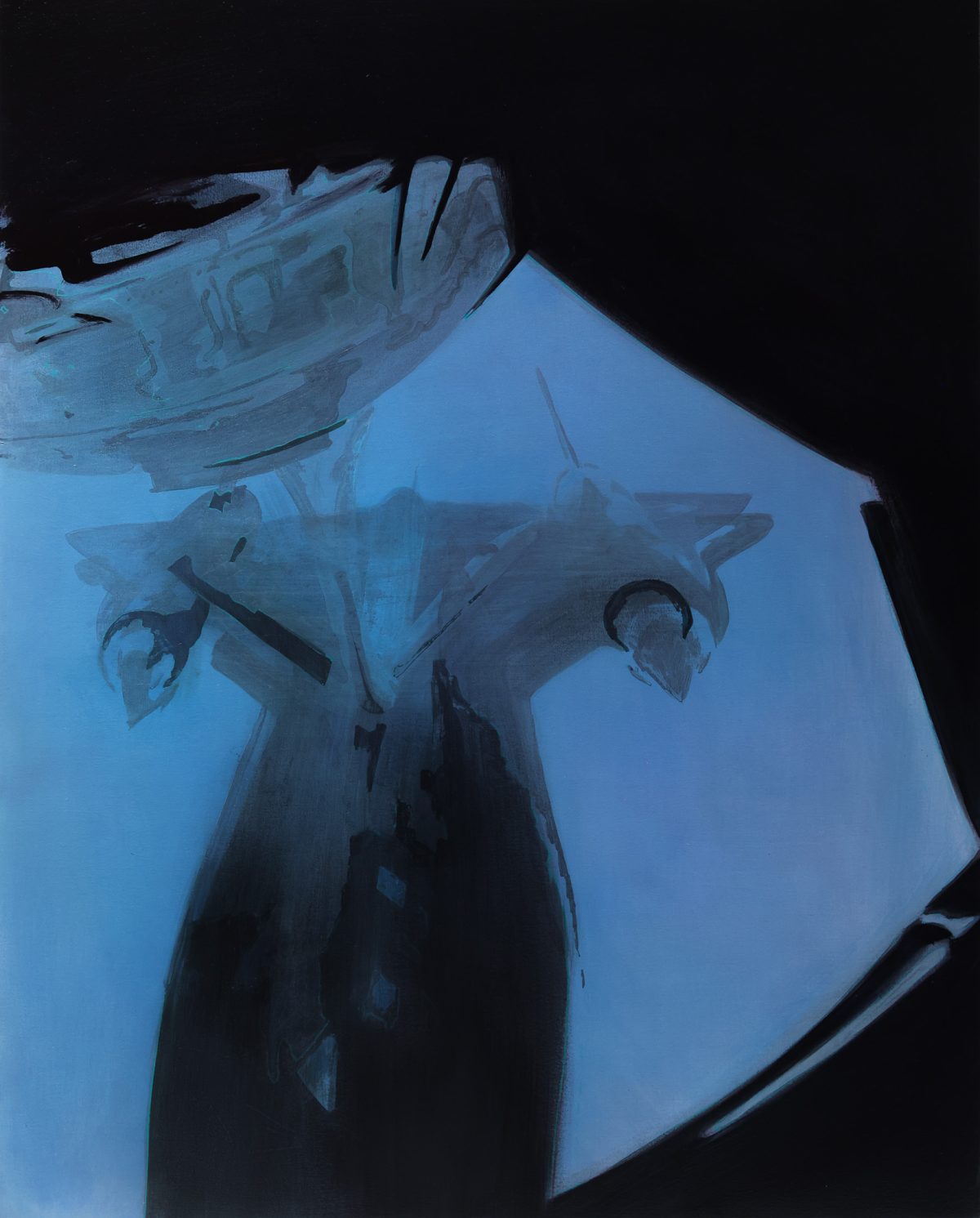 An abstract oil painting dominated by cool blue tones depicts a gestural, bird-like form against a dark background. The composition uses bold brushstrokes and layered translucent passages to create a sense of movement and depth within the monochromatic palette.