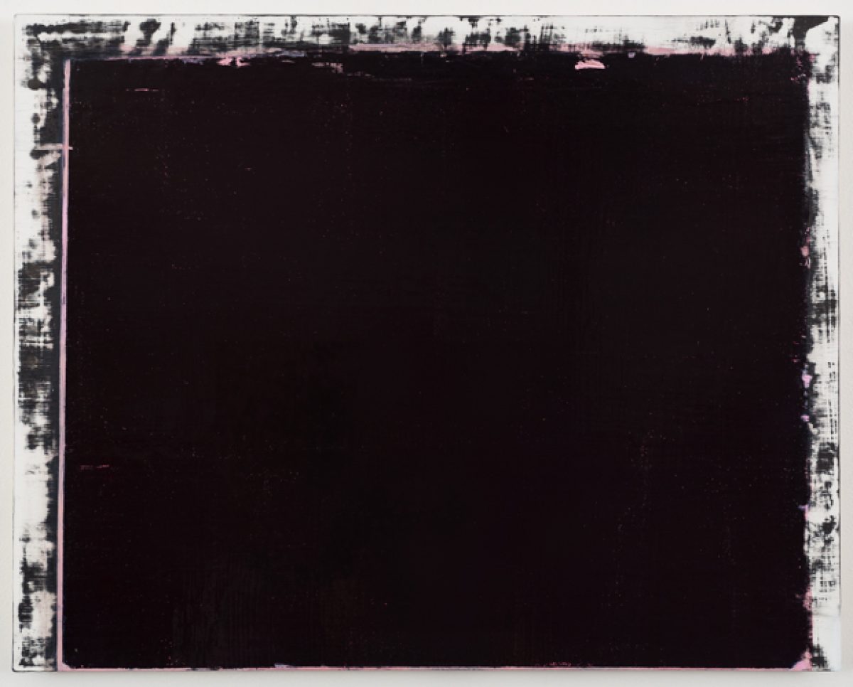 A large dark rectangular composition with a predominantly black center field, bordered by a textured white and gray frame showing gestural marks and subtle color variations along the edges.
