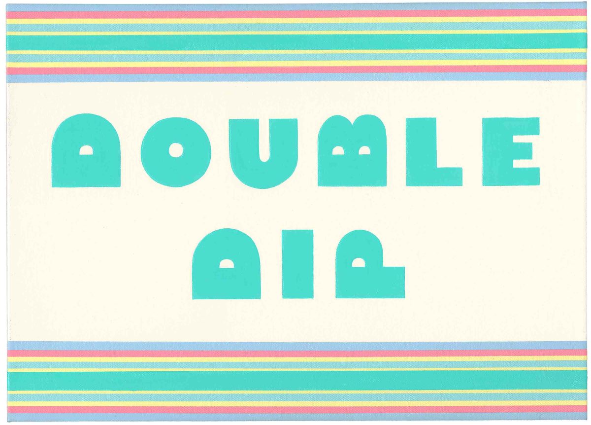 Turquoise geometric letterforms spelling "DOUBLE DIP" arranged across a cream-colored background, flanked by vibrant horizontal stripes in pink, yellow, and blue at the top and bottom edges.