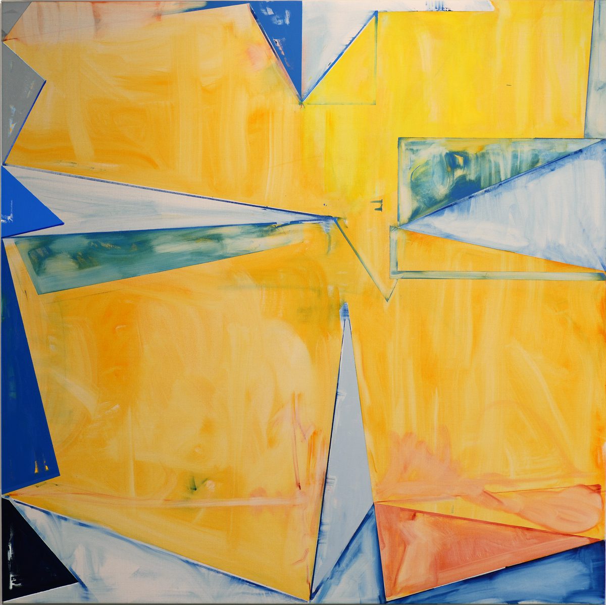 Abstract geometric composition featuring overlapping angular shapes in vibrant yellows, blues, and whites, with accents of orange and teal. The fragmented planes create a dynamic, interlocking pattern across the canvas, suggesting movement and depth through layered color fields and sharp linear divisions.