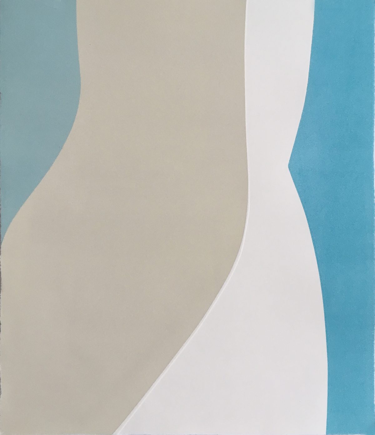 Abstract relief print featuring flowing, curved forms in soft teal, cream, and white creating a sense of movement and depth through layered, organic shapes.